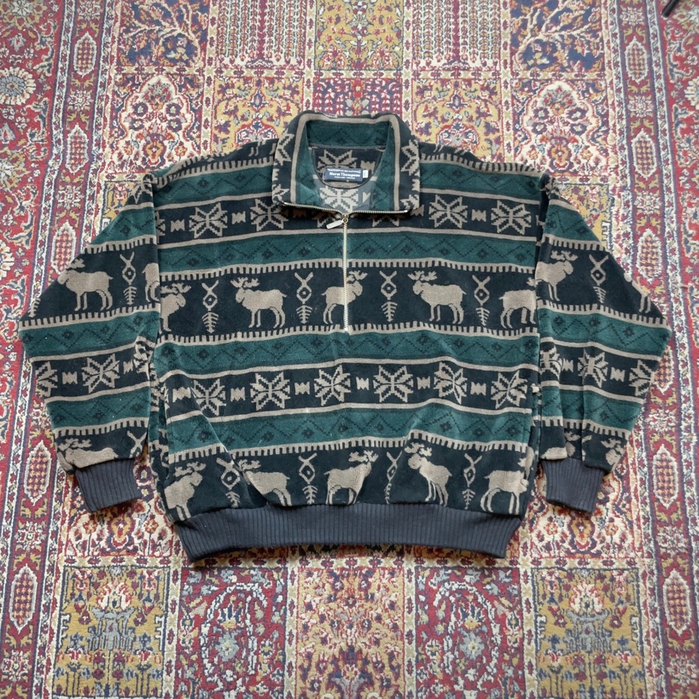 VTG 80s 90s Norm Thompson XL Fleece Zip Pullover Moose Snowflake Green USA Aztec